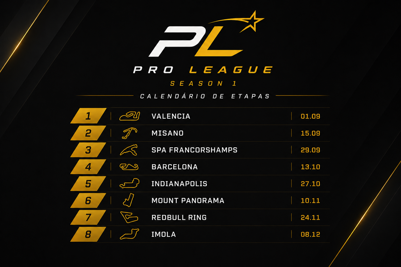 Arte oficial do calendário de etapas da Pro League Season 1